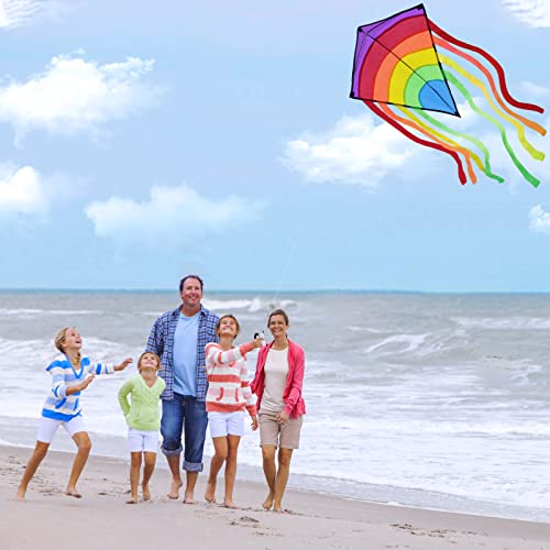 ECHOCUBE Huge Rainbow Diamond Kite for Kids & Adults, Easy to Fly Kite with 8 Long Tails and 100M Kite String, Great Outdoor Toy for Beach, Park and Family Time (73 * 65cm)