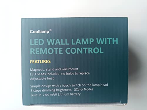 Coollamp Battery Wall Light, Indoor Wall Lamp with Remote/Touch Control, Rechargeable Battery, 3 Color Modes, 3 Dimmings, 360 ° Rotate, LED Wall Sconce for Reading Bedroom Living Room-Black 1PC