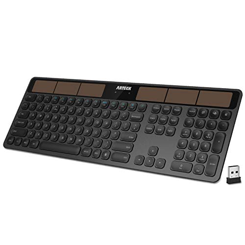 Arteck Solar Wireless Keyboard Full Size Solar Recharging Keyboard for Computer/Desktop/PC/Laptop/Surface/Smart TV and Windows 10/8 / 7 / Vista/XP Built in Rechargeable Battery