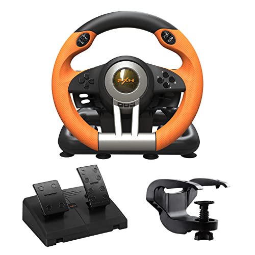 PXN V3 PRO Gaming Steering Wheel and Pedals, 180° Racing Wheel with Vibration Feedback, Xbox Steering Wheel, Gaming Wheel for PC, PS3, PS4, Xbox One, Xbox Series X/S, Switch -Orange