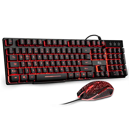 Rii RK108 Gaming Keyboard and Mouse Set,Wired LED Light Up Keyboard Mouse with 3 Colors Backlit (Red/Purple/Blue),Compatible with PC,Laptop,Windows,Gamer,Xbox one,PS4,PS5-UK Layout