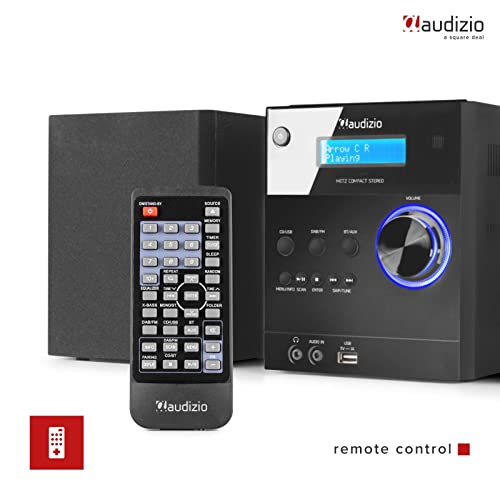 Audizio Metz Micro HiFi Stereo System with Speakers, CD Player, DAB+ Digital Radio Tuner, Bluetooth, USB MP3 Playback, Clock - Black