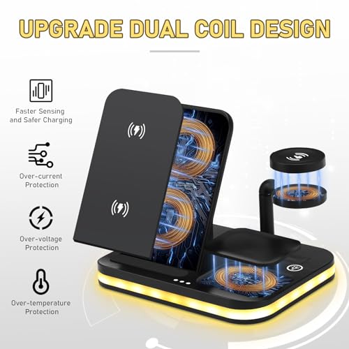 zerotop 4 in 1 Wireless Charging Station, Wireless Charging Stand Wireless Charger Station Multi Charger for Multiple Devices with Night Light Compatible with iPhone iPad iWatch Samsung Huawei