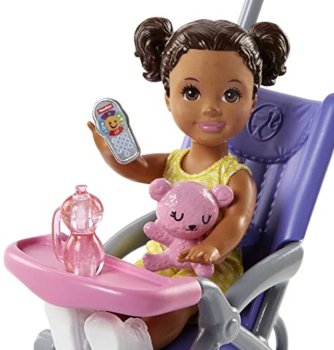 Barbie Skipper Babysitters Doll Playset, Brunette Skipper Doll with Brown Baby Doll, Baby Stroller and Doll Accessories, Toys for Ages 3 and Up, Two Dolls, FJB00