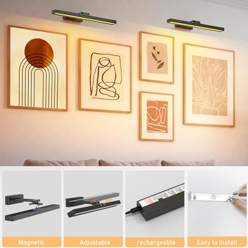 HURYEE Picture Light Battery Operated, Wireless Picture Light with Remote, 3 Color Modes Art Lights for Paintings, Dimmable led Picture Lights for Wall Art, Gallery, Dart Board