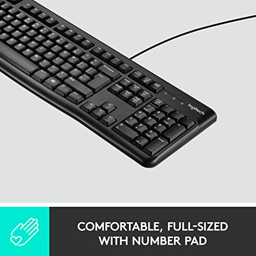 Logitech K120 Wired Keyboard for Windows, USB Plug-and-Play, Full-Size, Spill-Resistant, Curved Space Bar, Compatible with PC, Laptop, QWERTY UK English Layout - Black