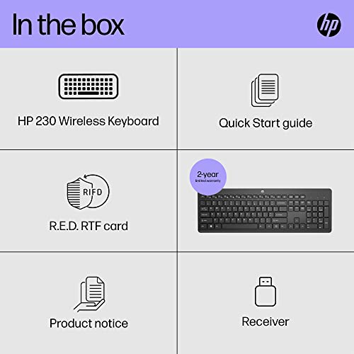 HP 230 Wireless Keyboard, quiet and comfortable keystrokes, Number Pad, QWERTY UK Layout, compatible with Windows PC, Chromebook, Laptop, Mac, Up to 16 Months Battery, USB dongle included