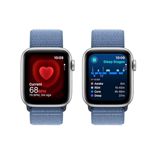 Apple Watch SE (2nd Gen, 2023) [GPS 40mm] Smartwatch with Silver Aluminium Case with Winter Blue Sport Loop. Fitness & Sleep Tracker, Crash Detection, Heart Rate Monitor, Carbon Neutral