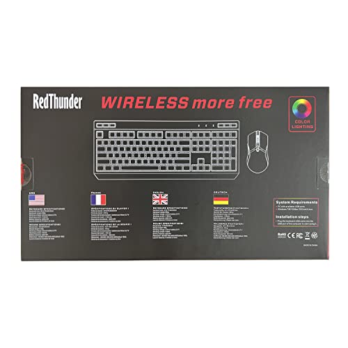 RedThunder K20 Wireless Keyboard and Mouse Combo, UK Layout Full Size Keyboard with Multimedia Keys + 7D 4800DPI Optical Mice, Rechargeable RGB Gaming/Office Set for PC Laptop (Black)