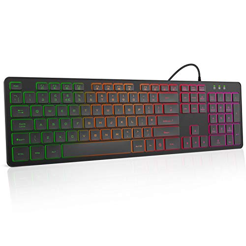 Wired Backlit Keyboard QWERTY UK Layout, Wired Gaming Keyboard, RGB Backlit, Ergonomic, Quiet, Waterproof, Full Size Keyboard with Multimedia Keys for Computer, Windows, Laptop, PC