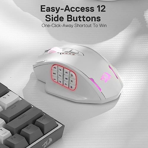 Redragon M913 Impact Elite Wireless Gaming Mouse, 16000 DPI Wired/Wireless RGB Gamer Mouse with 16 Programmable Buttons, 45 Hr Battery and Pro Optical Sensor, 12 Side Buttons MMO Mouse,White