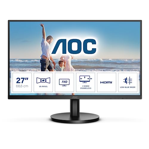 AOC 27B3HM - 27 Inch FHD Monitor, 75Hz, VA, 4ms, FreeSync, Low Blue light, Flicker Free, Frameless design (1920 x 1080 @ 75Hz, 250 cd/m, HDMI , VGA)