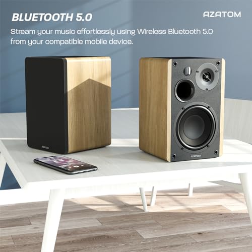 AZATOM EB100 Powered Bookshelf Hifi Speakers, 2.0 Active, Bluetooth, Wired, Wooden Enclosure, Perfect for Music, Vinyl records, Home Theatre, Gaming, Laptops, PC, 50 Watts (Oak)