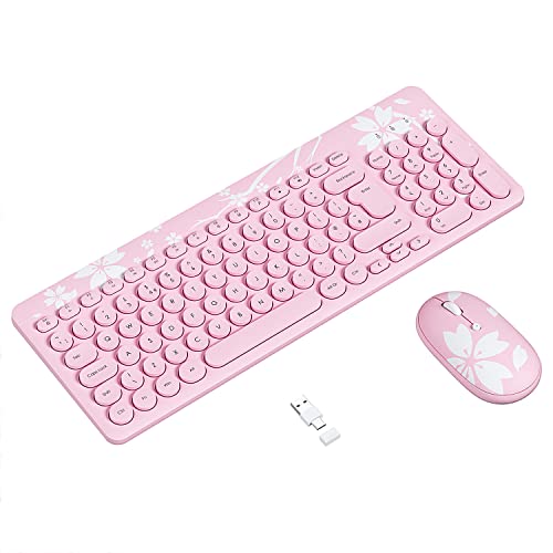 Wireless Keyboard and Mouse Set UK Layout, 2.4GHz Unifying USB & Type-C Receiver, Ergonomic Cordless Silent Mouse and Small Compact Computer Keyboard Combo, for Windows PC/Apple Mac, White Pink