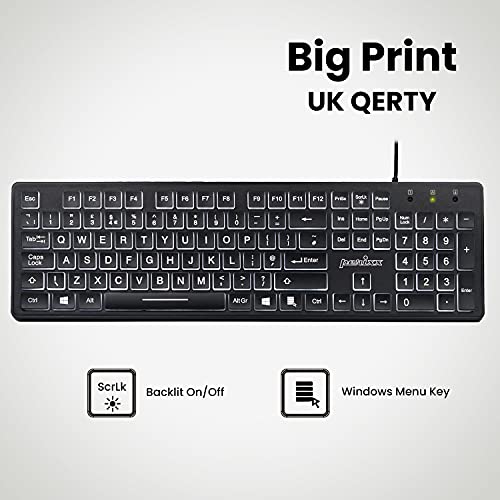 Perixx Periboard-317 Wired USB White LED Backlit Keyboard, Big Print Illuminated Keys, UK QWERTY, Black
