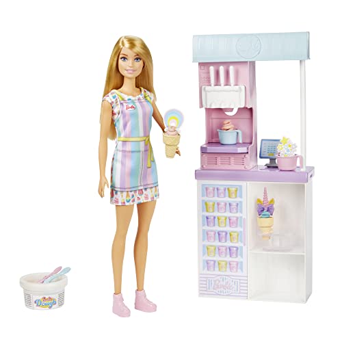 Barbie Ice Cream Shop Playset with 12 in Blonde Doll, Ice Cream Making Feature, 2 Dough Containers, 2 Bowls, 2 Cones, and accesories, Gift for Ages 3 Years Old & Up, HCN46