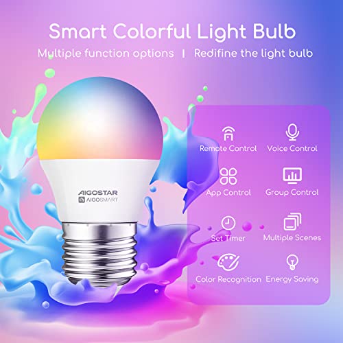 Aigostar Smart Bulb E27, Alexa Light Bulb, WiFi Smart Bulb 6.5W RGBCW LED Colour Changing Light Bulb Compatible with Amazon Alexa and Google Home, Dimmable, No Hub Required, 6 Pack