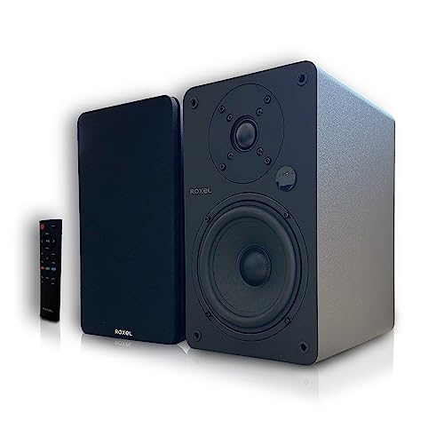 Roxel Onyx Active Bookshelf Speaker 100 Watt RMS, BT Wireless Stream, RCA, HDMI ARC, USB, 3Metre Cable, Dynamic Sound,Office Speaker, Home Theatre (Onyx Black) (Onyx Black)