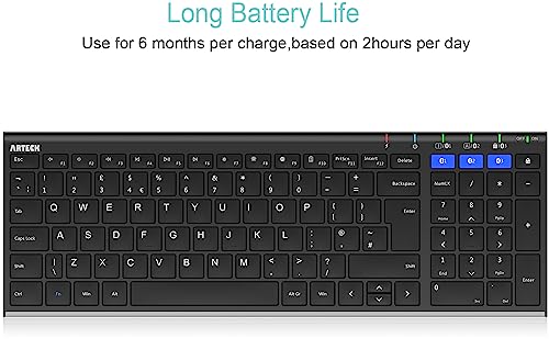 Arteck Universal Bluetooth Keyboard Multi-Device Stainless Steel Full Size Wireless Keyboard for Windows, iOS, Android, Computer Desktop Laptop Surface Tablet Smartphone Built in Rechargeable Battery