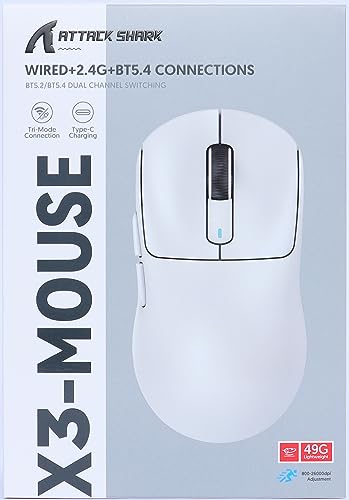 ATTACK SHARK X3 49g SUPERLIGHT Mouse, PixArt PAW3395 Gaming Sensor, BT/2.4G Wireless/Wired Gaming Mouse, 6 Adjustable DPI up to 26000, 200 Hrs Battery, G502, Office Mice for Win11/Xbox/PS/Mac (White)