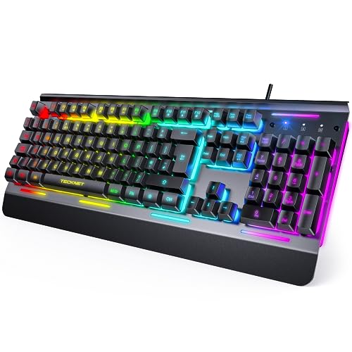 TECKNET RGB Gaming Keyboard, 105 Keys, All-Metal Panel, 15-Zone RGB Illumination, Backlit Quiet Computer Keyboard, Wrist Rest, 25 Anti-ghosting Keys, IP32 Water & Dust Resistant USB Wired Keyboard