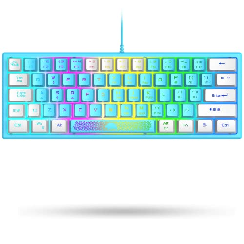 K61 UK Layout 60% Gaming Keyboard Wired 61 Keys RGB LED Backlit 7 Lighting Effects Waterproof Keyboard Mechanical Feeling 19 keys Anti Ghosting for Laptop MAC ps4- Blue and White Mixed-Colored Keycaps