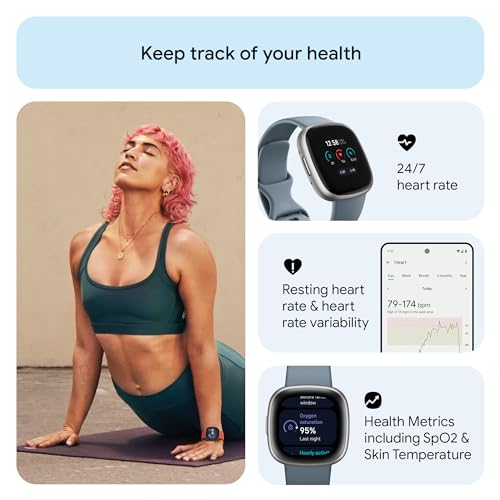 Fitbit Versa 4 Fitness Smartwatch with built-in GPS and up to 6 days battery life - compatible with iOS 15 or higher & Android OS 9.0 or higher, Waterfall Blue / Platinum Aluminium