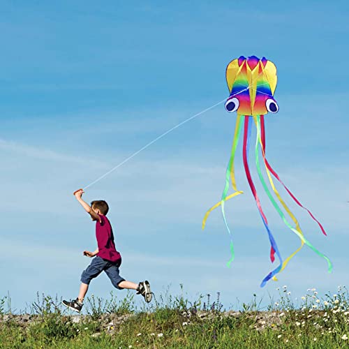 VIKSAUN Huge Rainbow Soft Octopus Kite for Kids and Audlts Large Kite with Long Tail 100m line Great Gift to Boys Girls with Kite String and Handle Beach Trip Outdoor Game (Rainbow)