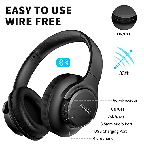 KVIDIO Bluetooth Headphones Over Ear, 65 Hours Playtime Wireless Headphones with Microphone, Foldable Lightweight Headset with Deep Bass,HiFi Stereo Sound for Travel Work PC Cellphone (Black)