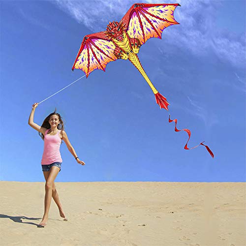 Dragon Kite for Kids and Adults-Easy to Fly, Beginner Kite-55 x 62inch with Spinning Tail 200ft Kite String, Kites Kids(RED)