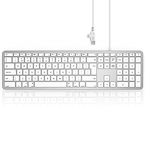Seenda Wired Keyboard for Mac OS, Slim External Full-size Keyboard with Numeric Pad & USB A and Type C 2-in-1 Connector for Apple Mac, iMac, MacBook Pro/Air/Mini, UK Qwerty Layout - White and Silver