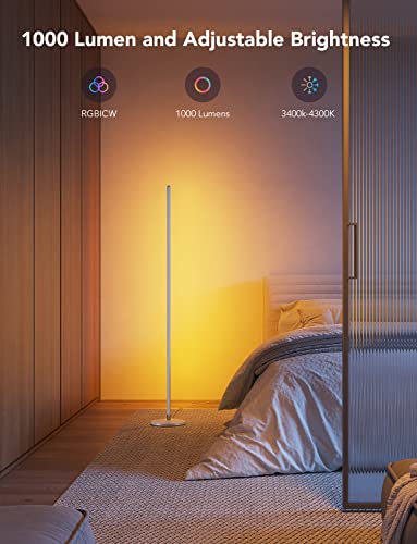 Govee RGBIC Floor Lamp, LED Corner Lamp Works with Alexa, Smart Modern Floor Lamp with Music Sync and 16 Million DIY Colours, Ambiance Colour Changing Standing Lamp for Living Room Silver