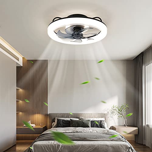 CHANFOK Smart Ceiling Fans with Lights, 20'' Low Profile Ceiling Fan with Remote and App Control, Flush Mount Ceiling Fan with Voice Control, Compatible with Alexa & Google Home (Black)