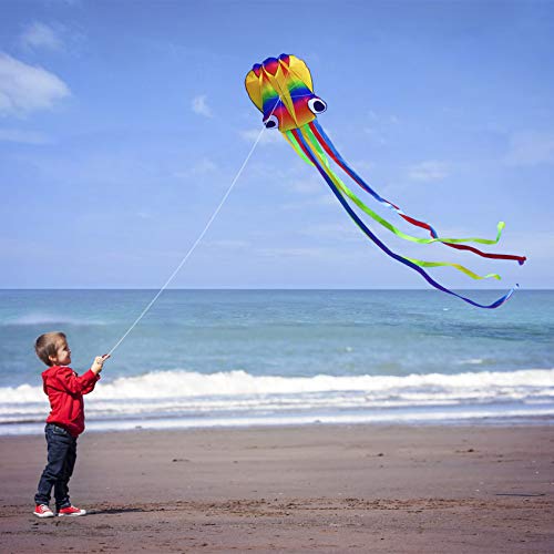 Huge Rainbow Soft Octopus Kite for Kids and Audlts- Large Kite with Long Tail and 200ft line-Easy to Fly kites for chlidren under 10