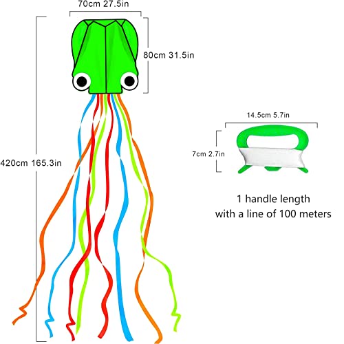 Large Octopus Kites-1 Pcs Rainbow Mollusc Flying Octopus Kite for Kids and Adults,kites for adults Beach and Summer Outdoor Toy with 100 meters Flying Line and Spool, Nylon Kite for Beginners(Green)