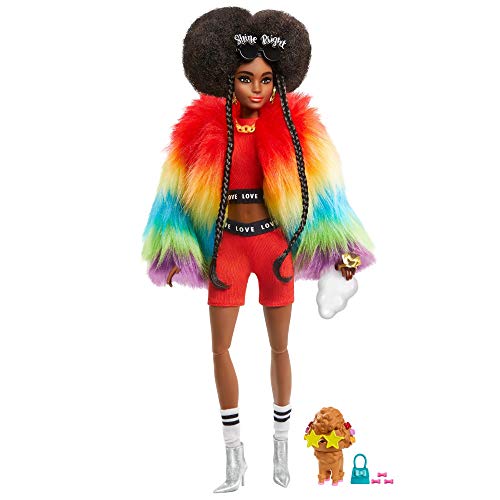 Barbie Doll and Accessories, Barbie Extra Fashion Doll with Afro-Puffs and Shaggy Rainbow Coat, Pet Poodle, GVR04