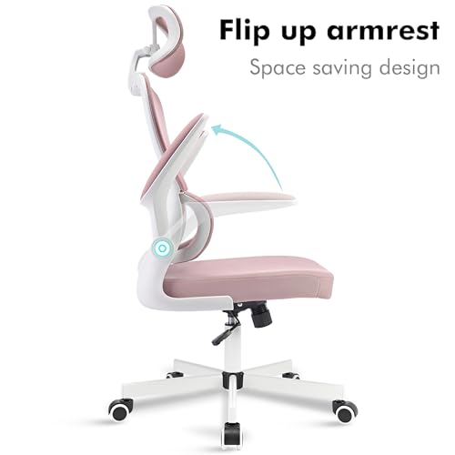 Bliswood Office Chair With Headrest, High Back Ergonomic Mesh Chair With 90° Flip-up Arm Swivel Computer Chair, Adjustable Height 360° Rotation Gaming Chair For Home Office (Pink)