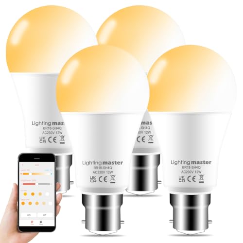 Lighting master Alexa Light Bulbs 100W Equivalent, Bluetooth Smart Bulb Warm White to Daylight Dimmable，B22 Bayonet Light Bulb with APP and Voice Control for Bedroom Kitchen Living Room (4 Packs)
