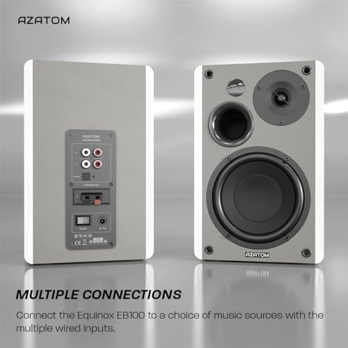 AZATOM EB100 Powered Bookshelf Hifi Speakers, 2.0 Active, Bluetooth, Wired, Wooden Enclosure, Perfect for Music, Vinyl records, Home Theatre, Gaming, Laptops, PC, 50 Watts (White)