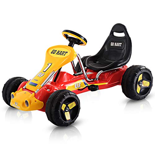 COSTWAY Kids Go Kart, Quad Style Ride On Racer with Adjustable Seat & Non-Slip Wheels, Children Pedal Go-karts for Boys and Girls (Red)