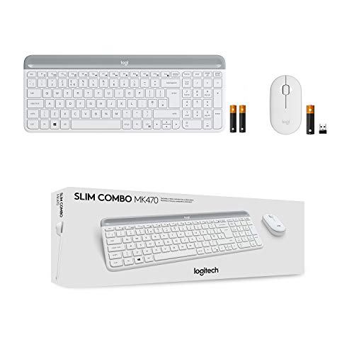 Logitech MK470 Slim Wireless Keyboard & Mouse Combo for Windows, 2.4GHz USB Unifying USB-Receiver, Low Profile, Whisper-Quiet, Long Battery Life, Optical Mouse, PC/Laptop, QWERTY UK Layout - White