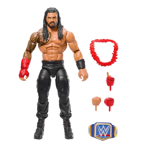 WWE Top Picks Elite Action Figure & Accessories Set, Roman Reigns 6-inch Collectible with Swappable Hands, Ring Gear & 25 Articulation Points, HWX34