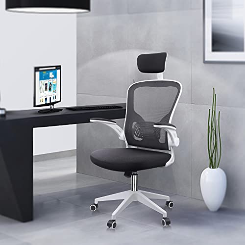 JAJALUYA Office Chair Mesh Computer Chair with Adjustable Headrest and Lumbar Support Desk Chair Ergonomic Office Chair with Flip-up Armrest for Home Office Study (White)