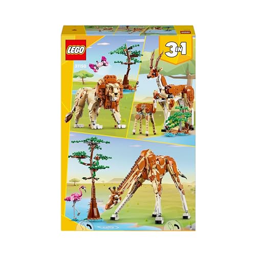 LEGO Creator 3in1 Wild Safari Animals, Giraffe Toy to Gazelle Figures to Lion Model, Set for Kids, Girls & Boys Aged 9 Plus, Includes Flamingo and Butterfly, Nature Gifts for Imaginative Play 31150