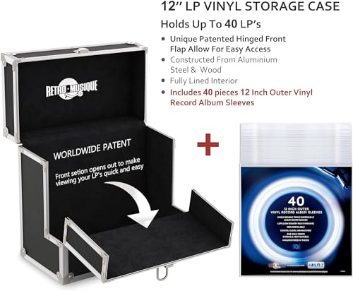 Retro musique Aluminium 12" Vinyl Record Storage Case with Unique Folding Front Flap for Better Access to Your LPs,Holds up to 40 LPs,(in PVC Sleeves) Includes 40 Vinyl Record Outer Sleeves(Black)