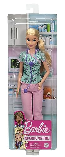 Barbie Nurse Blonde Doll with Scrubs Featuring a Medical Tool Print Top & Pink Pants, White Shoes & Stethoscope, Gift for Ages 3 Years Old & Up - GTW39