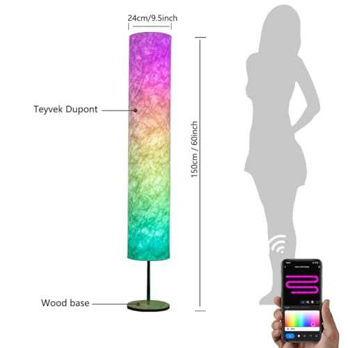 BASRAE Smart Floor Lamp for Living Room,RGB Standing Light with Soft Shade,LED Bedroom Standard Lamps,APP Voice Control,Music Sync,Works with Alexa Google Assistant,60in Colour Change Corner Lights