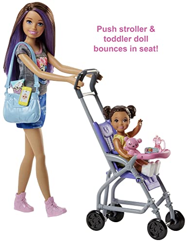 Barbie Skipper Babysitters Doll Playset, Brunette Skipper Doll with Brown Baby Doll, Baby Stroller and Doll Accessories, Toys for Ages 3 and Up, Two Dolls, FJB00