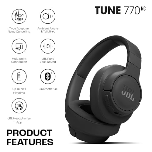 JBL Tune 770NC Wireless Over-Ear Headphones, with Adaptive Noise Cancelling, Bluetooth and 70 hours Battery Life, in Purple