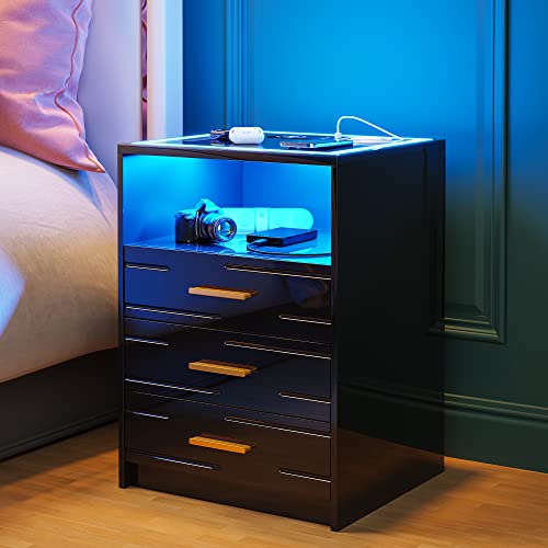 Lvifur LED Nightstand with Wireless Charging Station,3 Color Dimmable Auto Sensor Night Stand for Bedroom Furniture,Touch Screen Bedside Table with USB&Type-C Ports and 3 Drawers